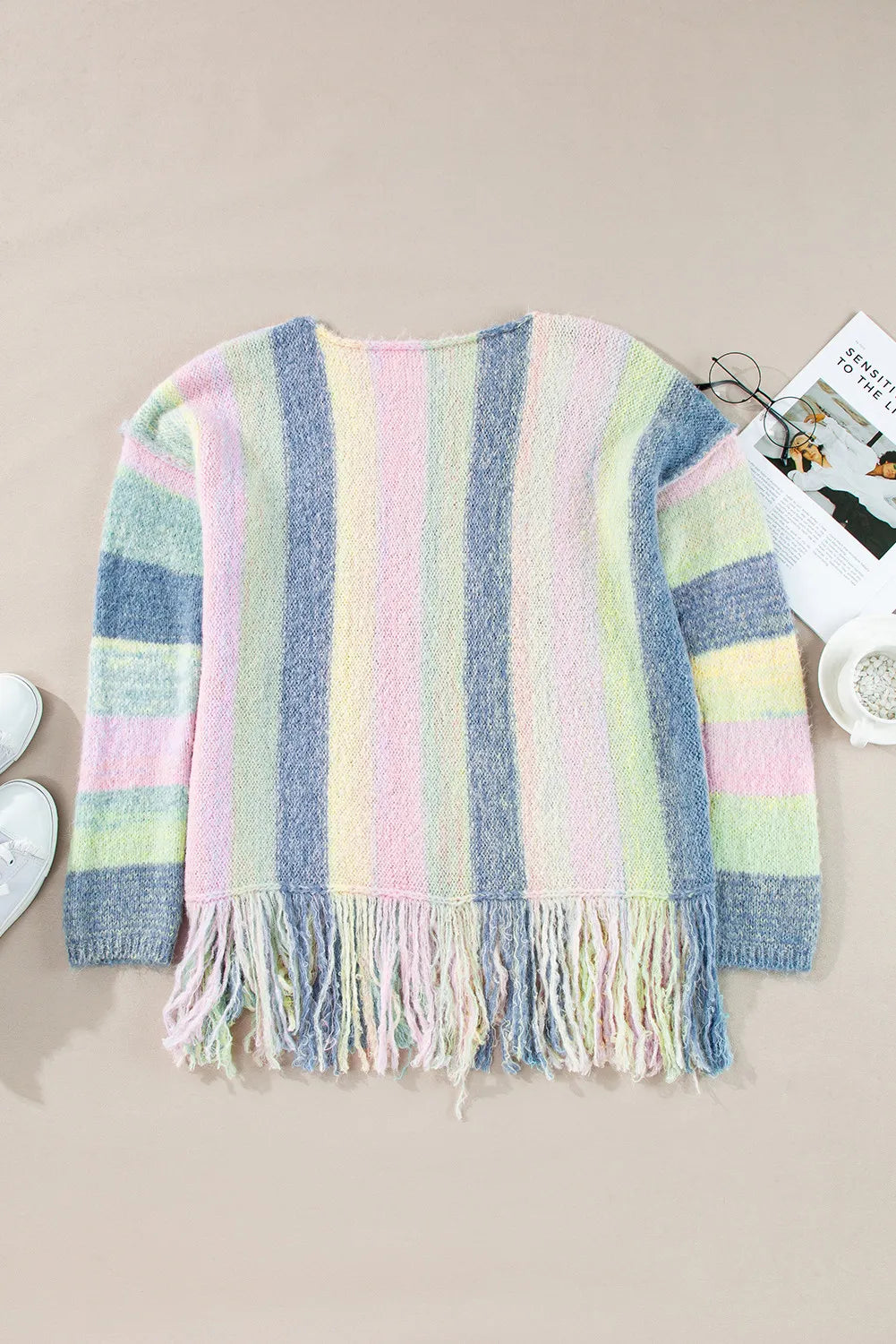 Fringe Color Block Round Neck Sweater. Light Blue.