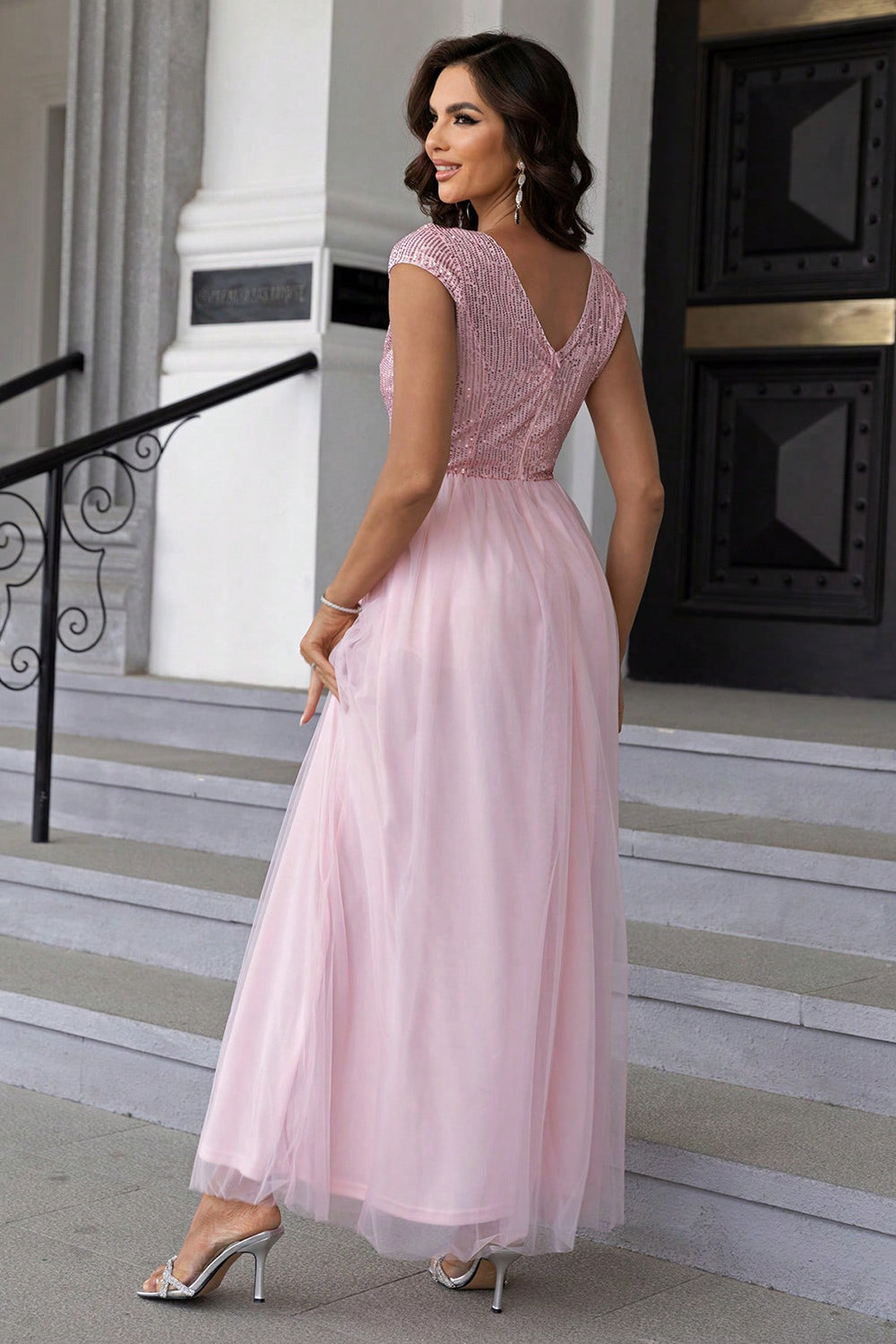 Sequin Mesh Maxi Dress. Blush Pink.