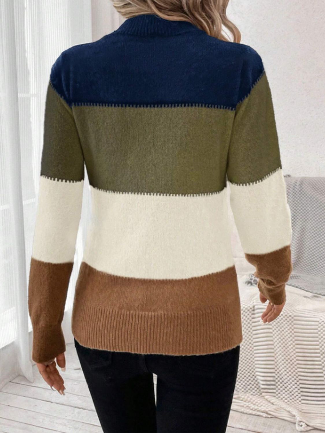 Color Block Mock Neck Long Sleeve Sweater. Moss Color.