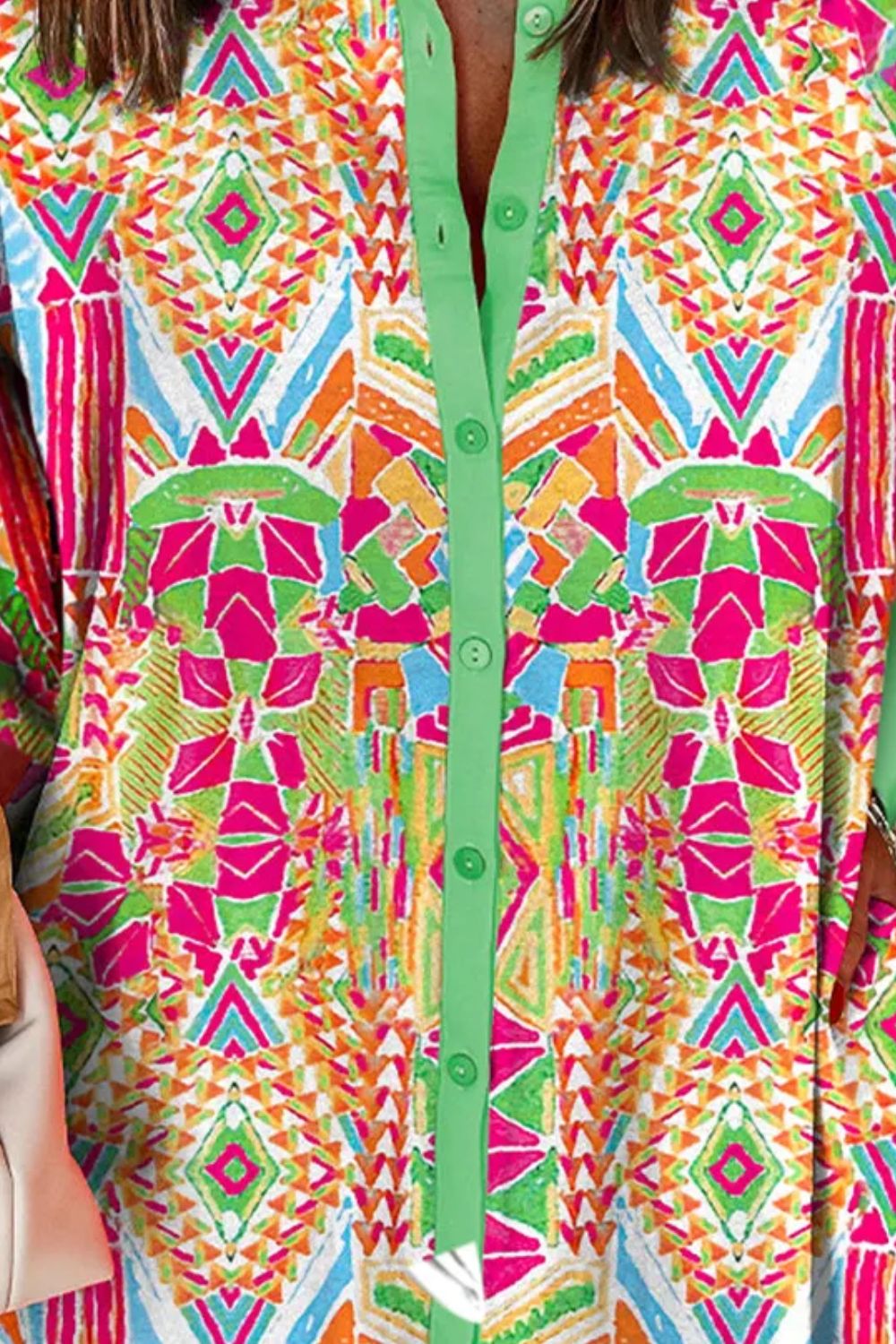 Printed Button Up Long Sleeve Shirt Dress. Neon Green.