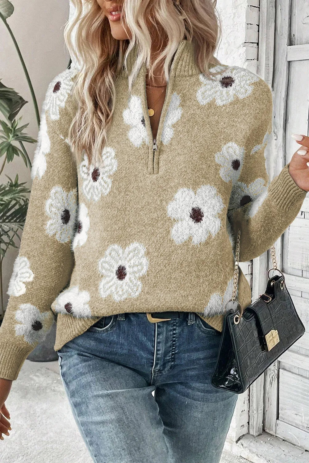 Flower Half Zip Long Sleeve Sweater. Tan. 