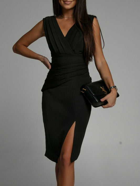 Slit Ruched Surplice Tank Dress. Black.