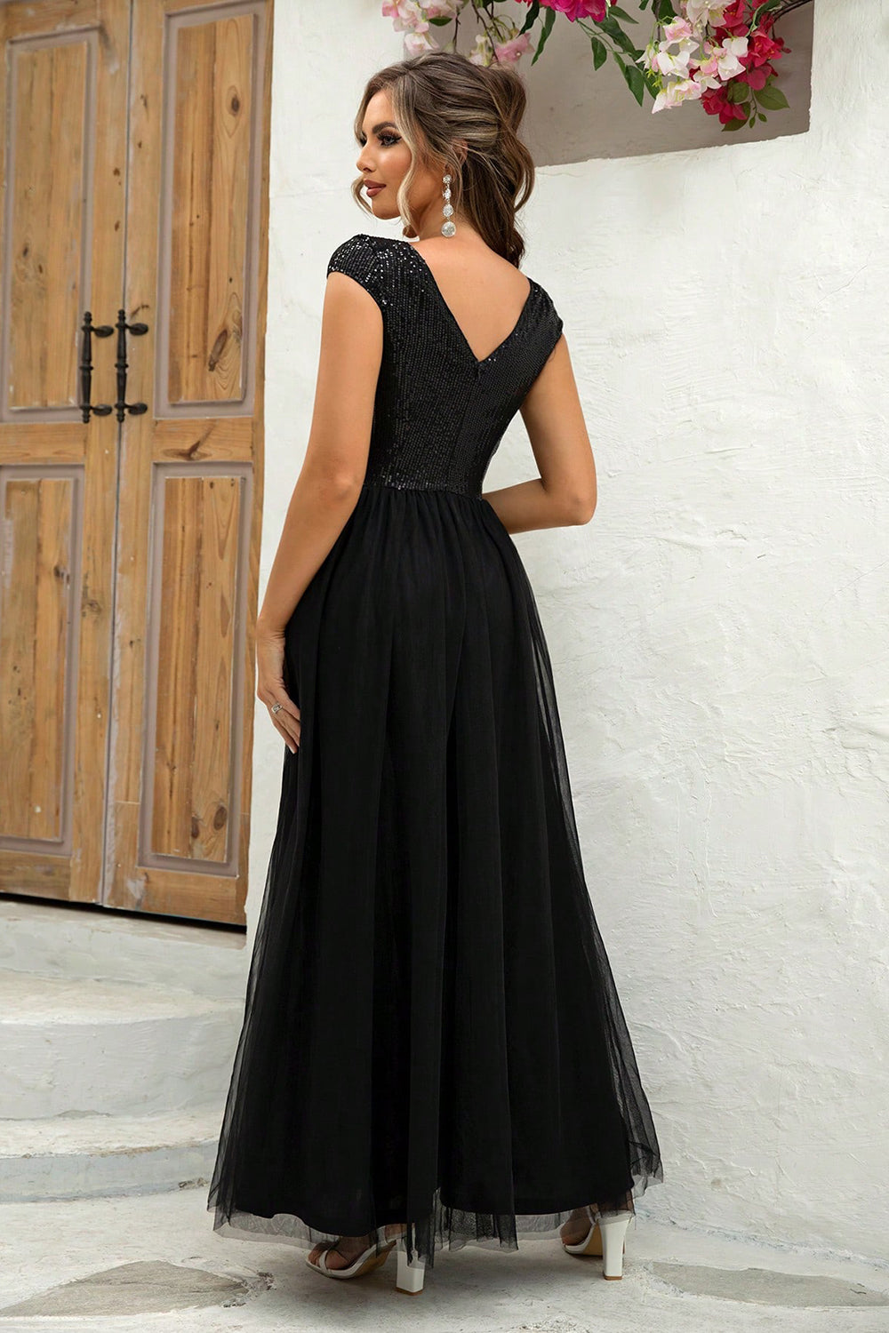 Sequin Mesh Maxi Dress. Black.