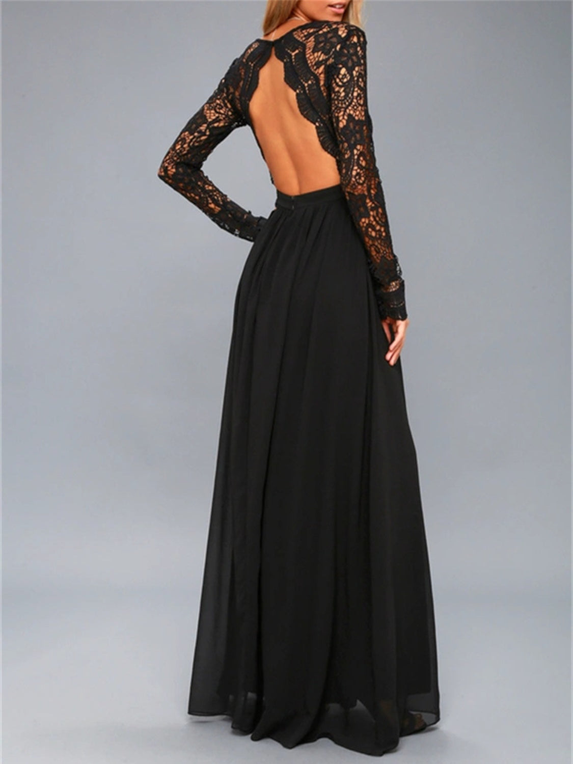 Lace Backless Maxi Dress. Black.