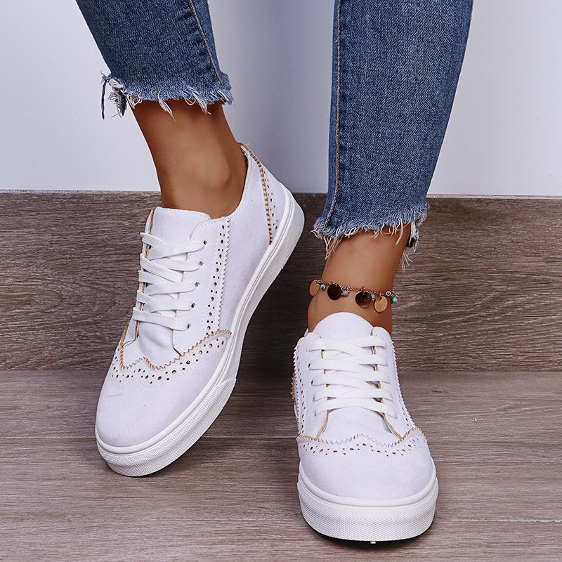 Lace-Up Suedette Flat Sneakers. White.