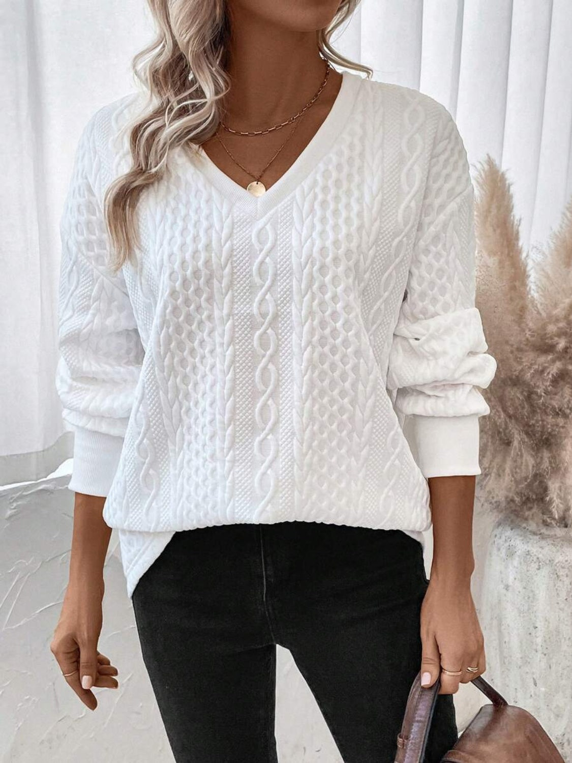 Stylish V-Neck Sweatshirt. White