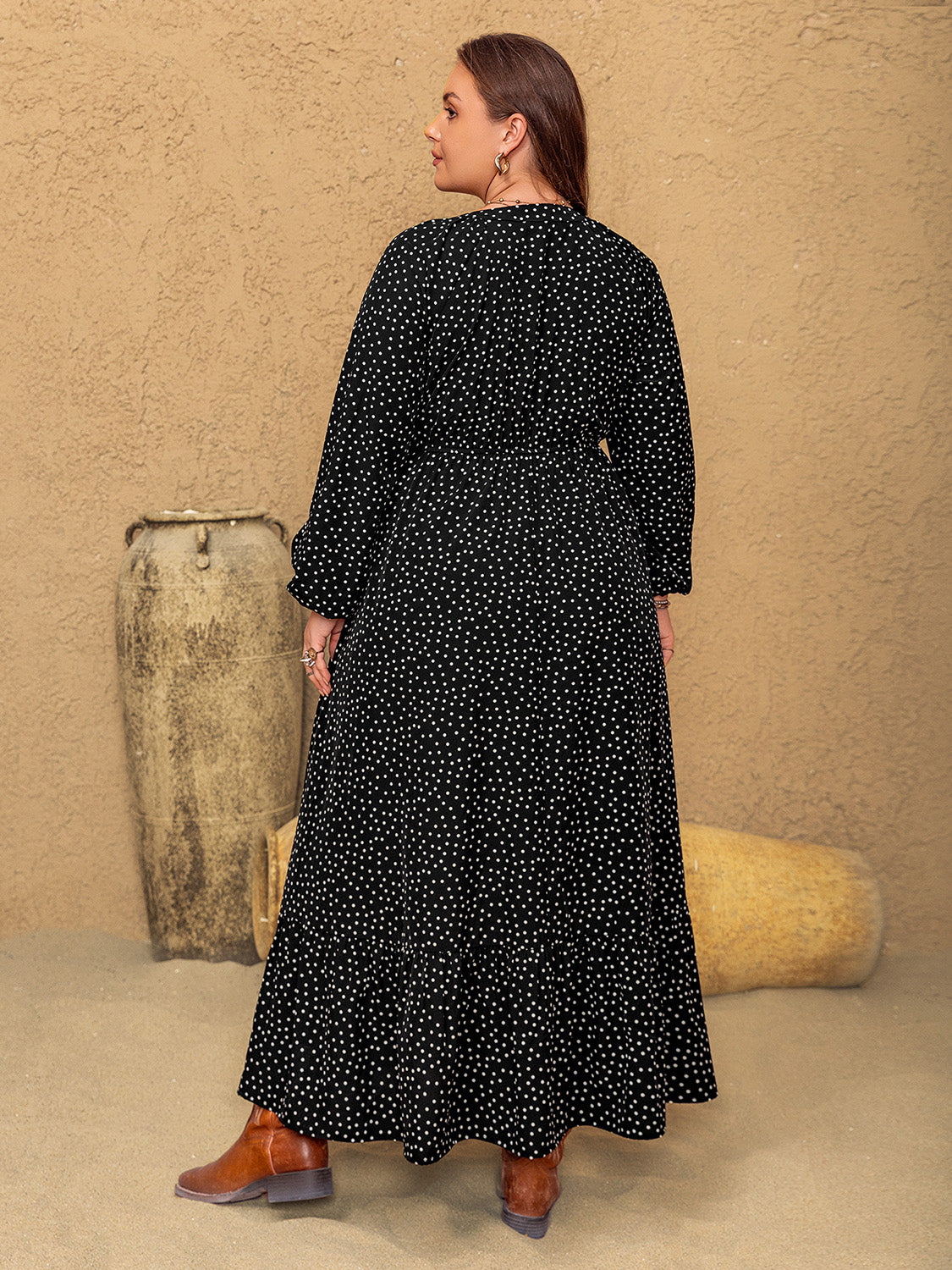 Plus Size Embroidered Polka Dot Dress. Black.