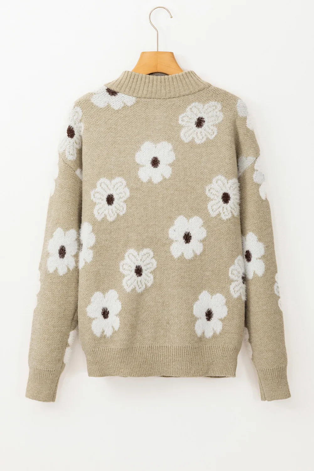 Flower Half Zip Long Sleeve Sweater. Tan.