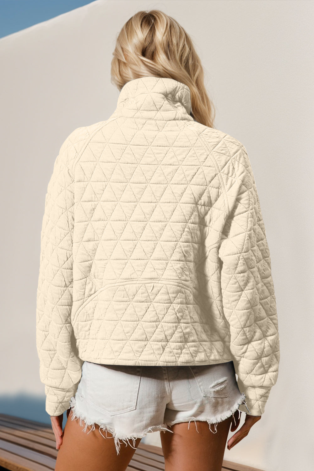 Quilted Sweatshirt with Pocket. Cream. Back side.