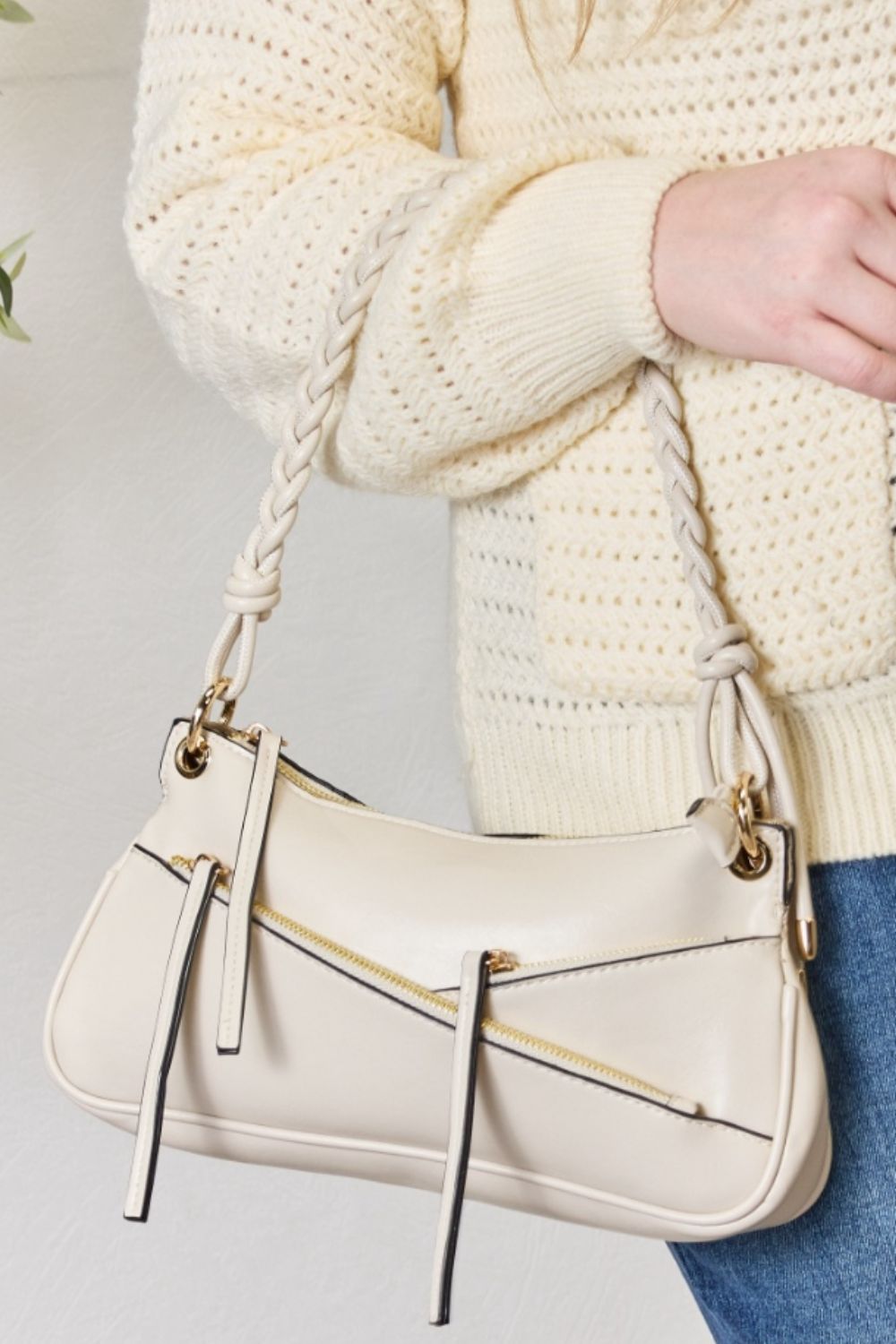 Braided Strap Shoulder Bag. Bone.