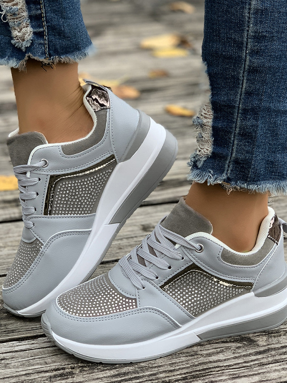 Lace-Up Rhinestone Wedge Sneakers. Light Grey.