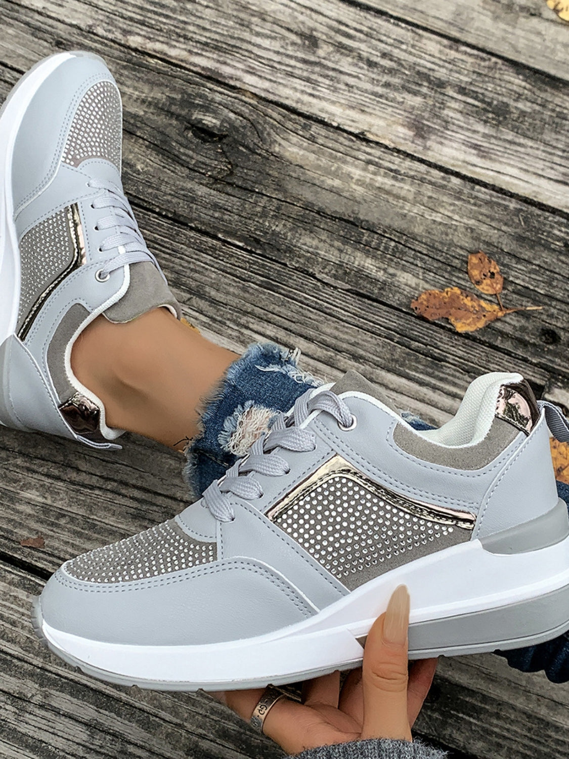 Lace-Up Rhinestone Wedge Sneakers. Light Grey.