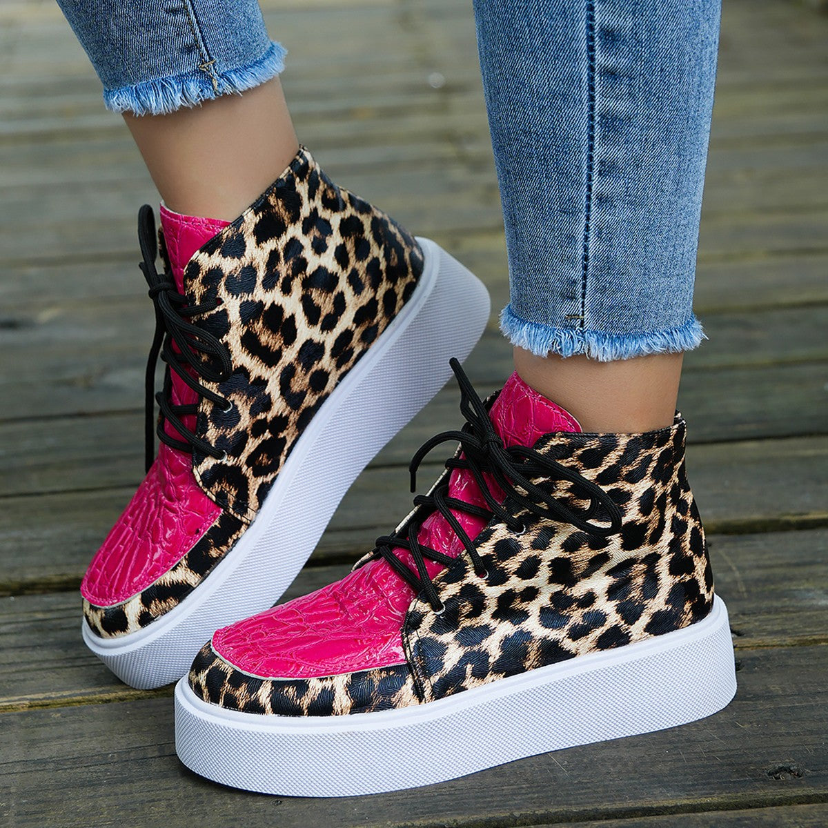 PU Leather Leopard Platform Sneakers. Hot Pink.