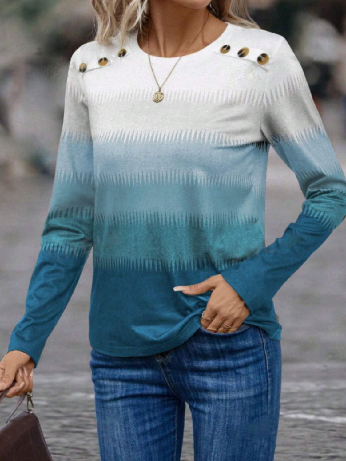 Stylish Contrast Round Neck Shirt. Pastel Blue.