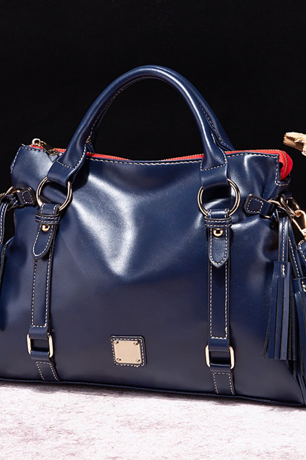 PU Leather Handbag with Tassels. Dark Blue.