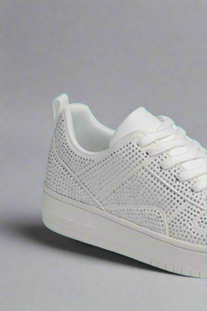 Rhinestone Platform Flat Sneakers. White.