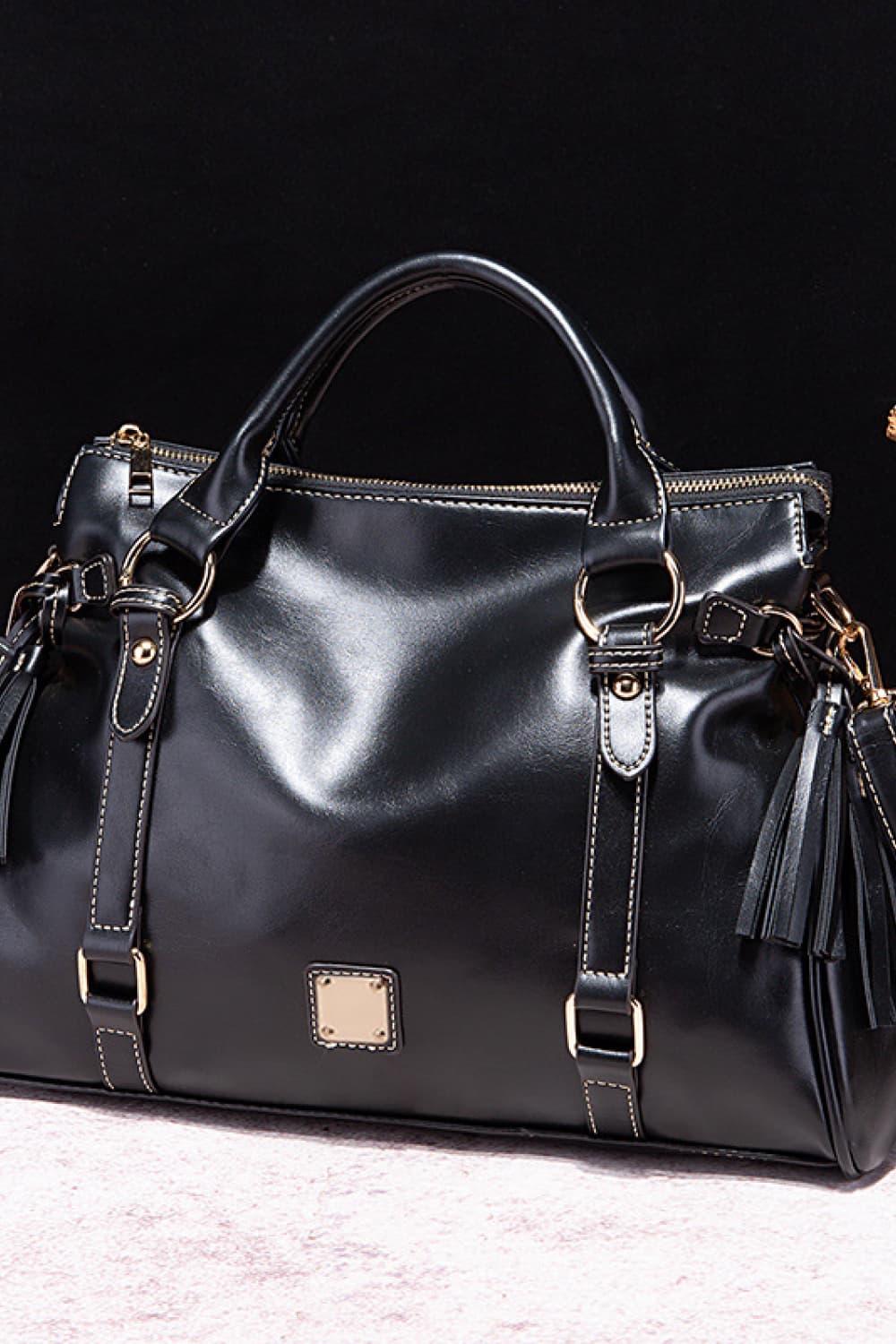 PU Leather Handbag with Tassels. Black.