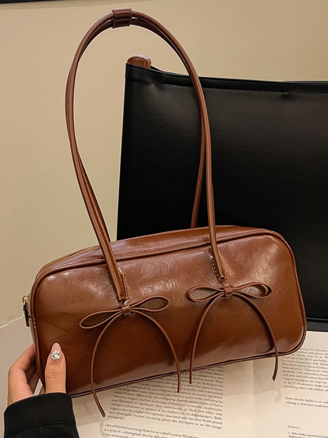 Leather Bow Trim Shoulder Bag. Brown.