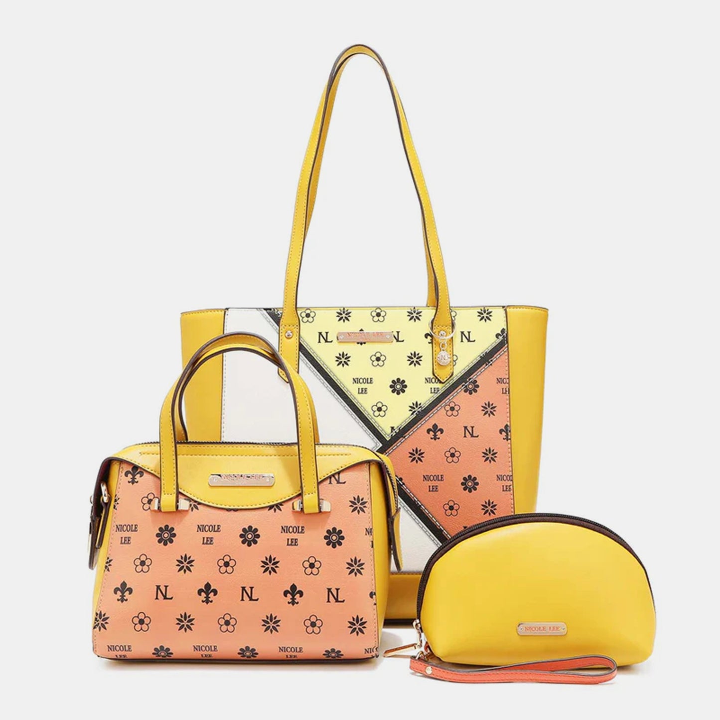 3-Piece Color Block Handbag Set. Blue. Yellow/Orange.