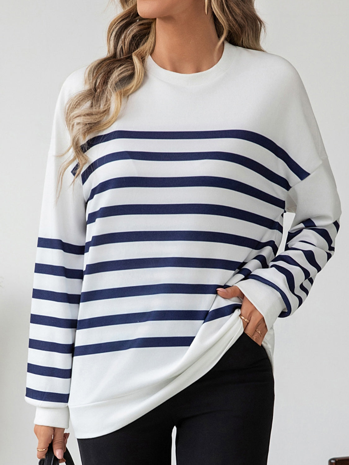 Striped Round Neck Long Sleeve Shirt. White.