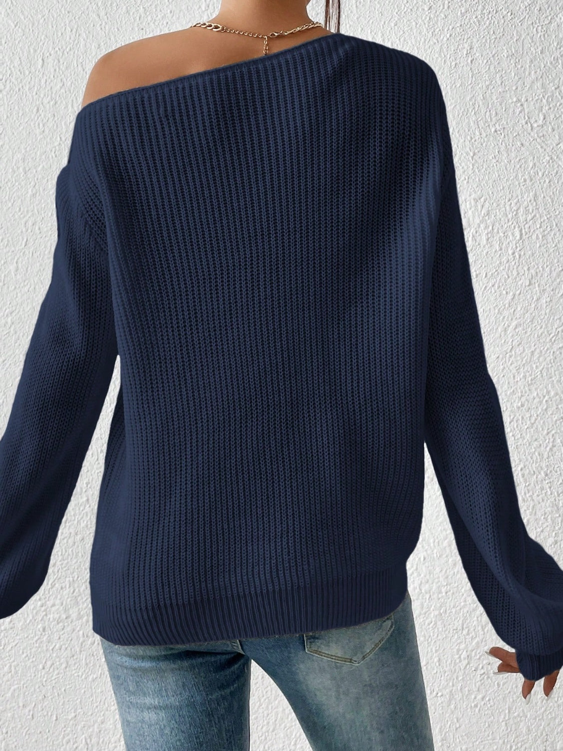 Single Shoulder Long Sleeve Sweater. Navy.