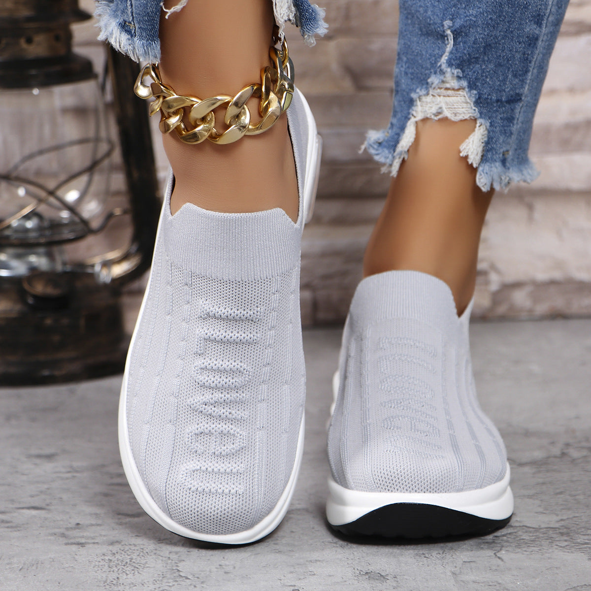 Round Toe Knit Detail Slip On. Light Grey.