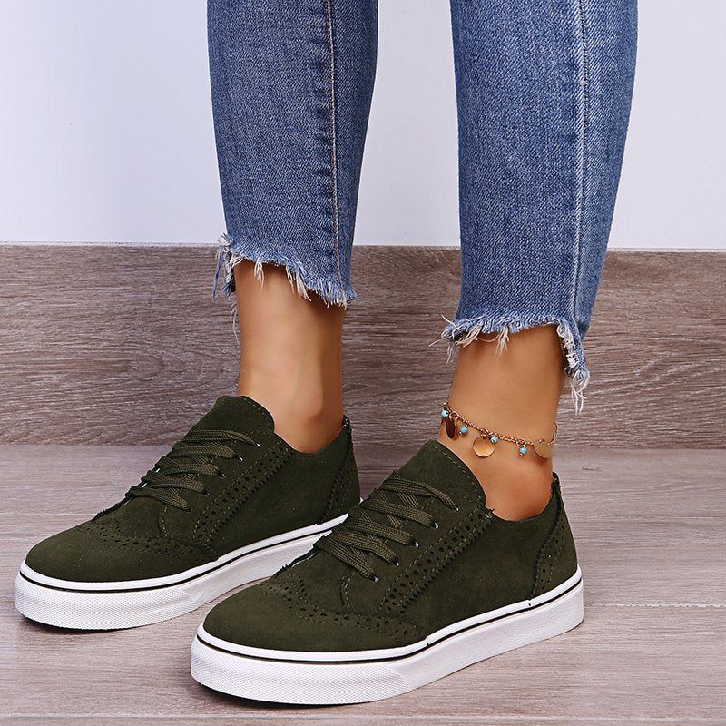 Lace-Up Suedette Flat Sneakers. Army Green.