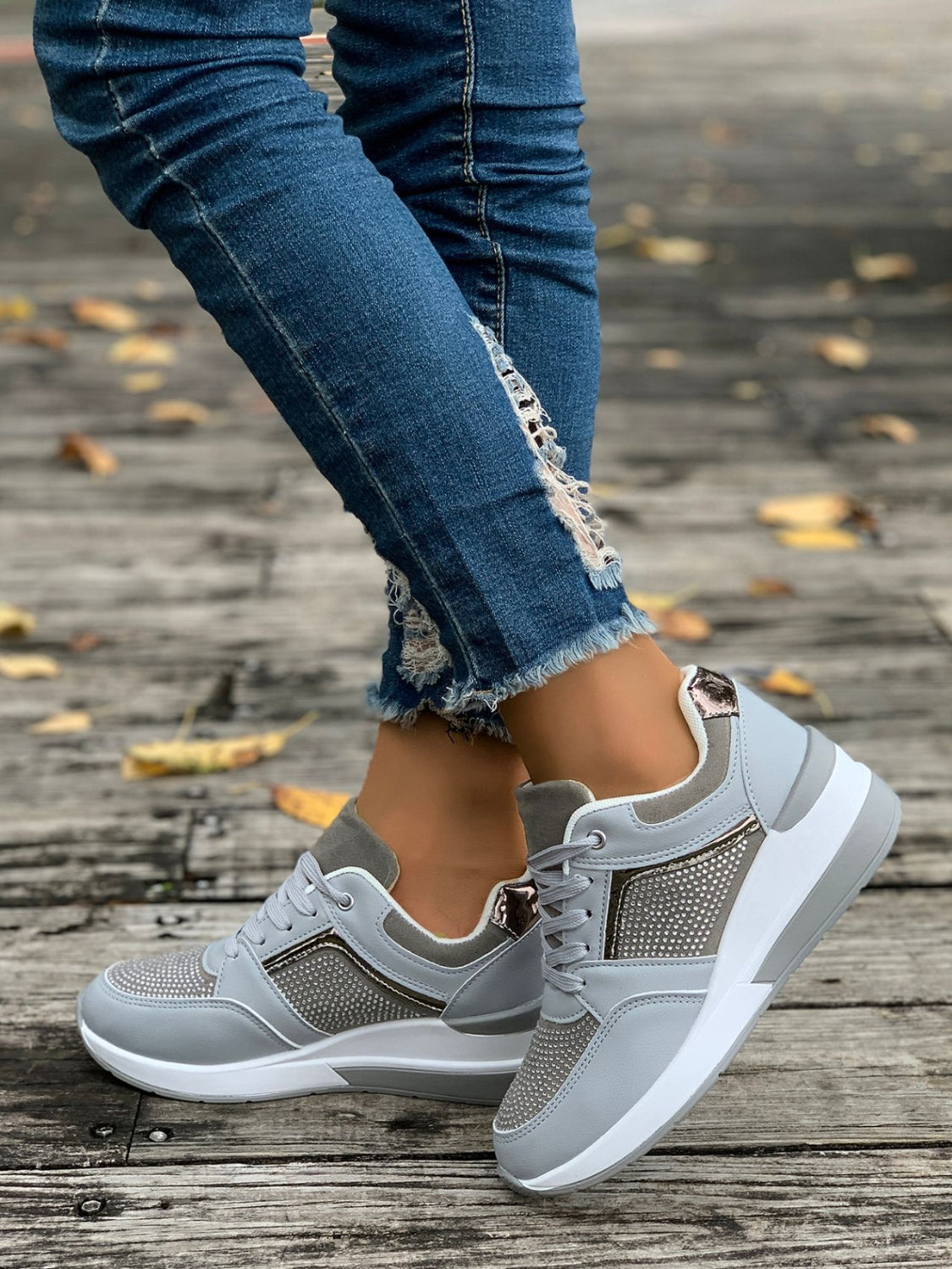 Lace-Up Rhinestone Wedge Sneakers. Light Grey.