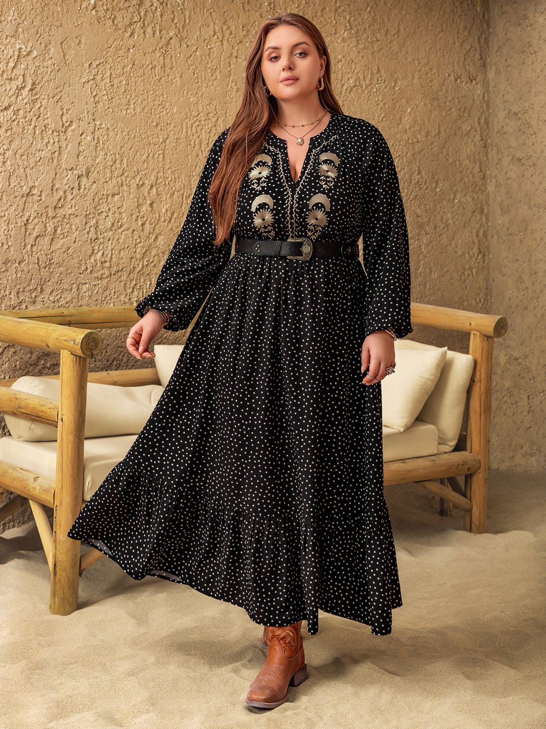 Plus Size Embroidered Polka Dot Dress. Black.