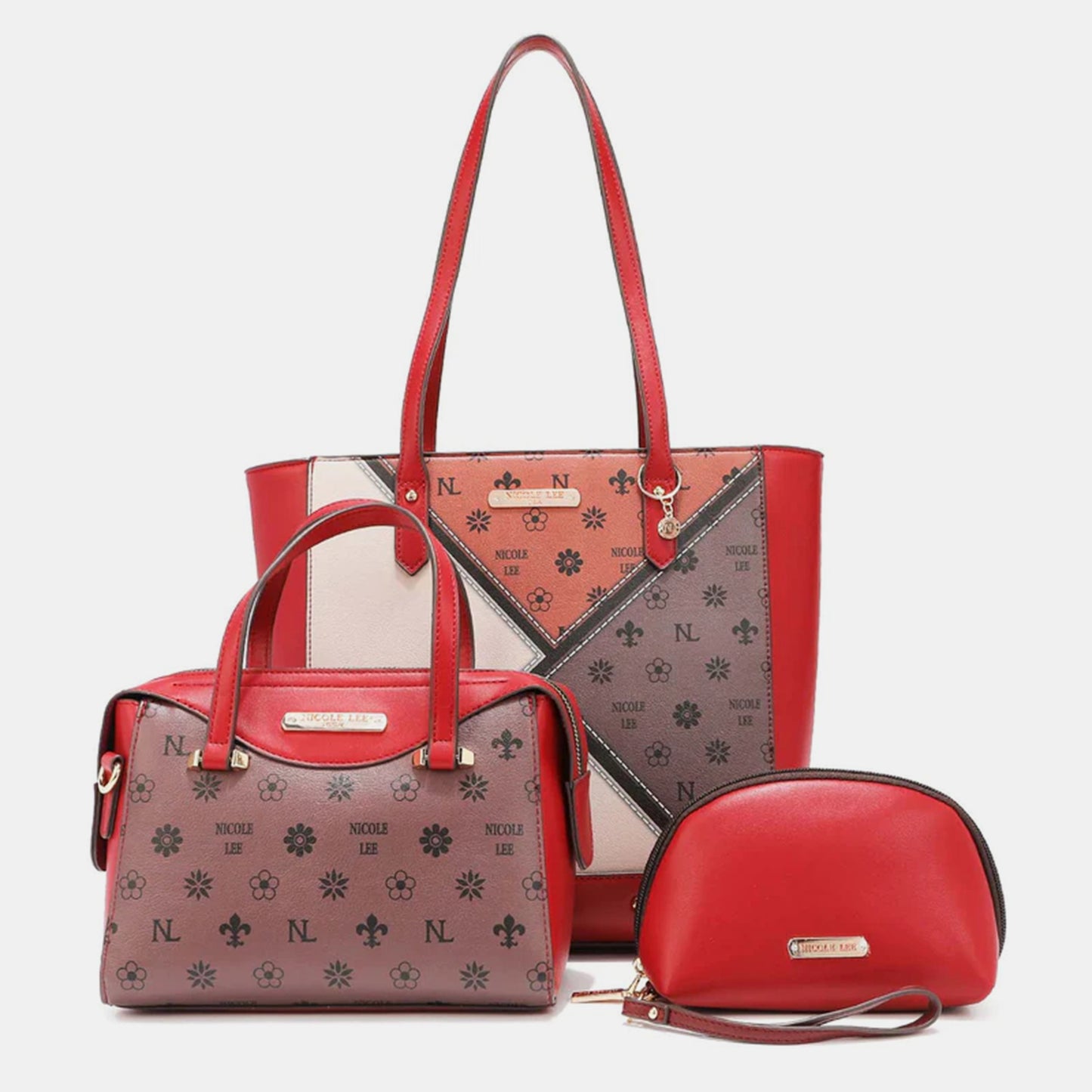 3-Piece Color Block Handbag Set.  Red.