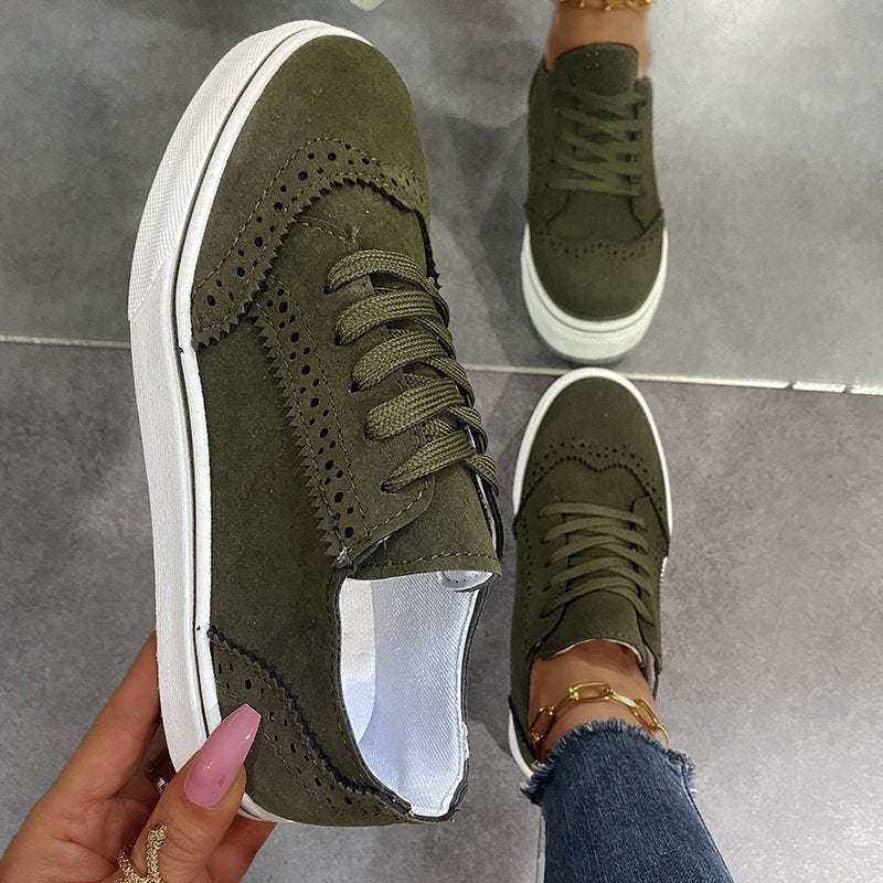 Lace-Up Suedette Flat Sneakers. Army Green.