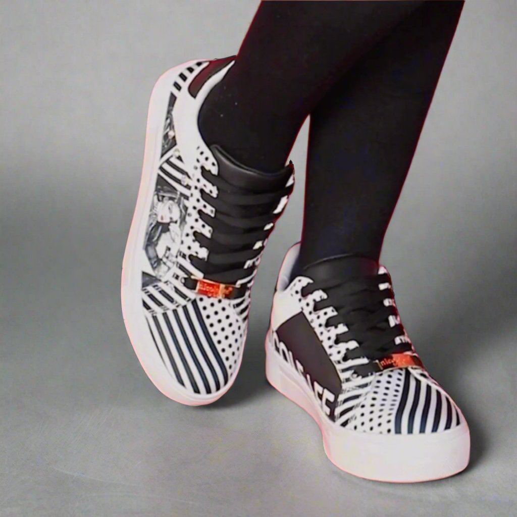 Printed Vegan Leather Lace Up Sneaker.  Black.