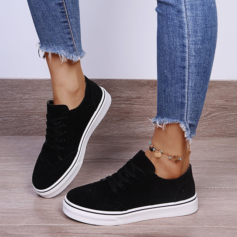 Lace-Up Suedette Flat Sneakers. Black.