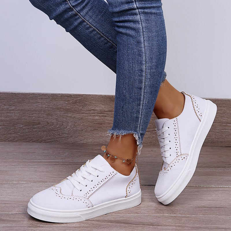 Lace-Up Suedette Flat Sneakers. White.