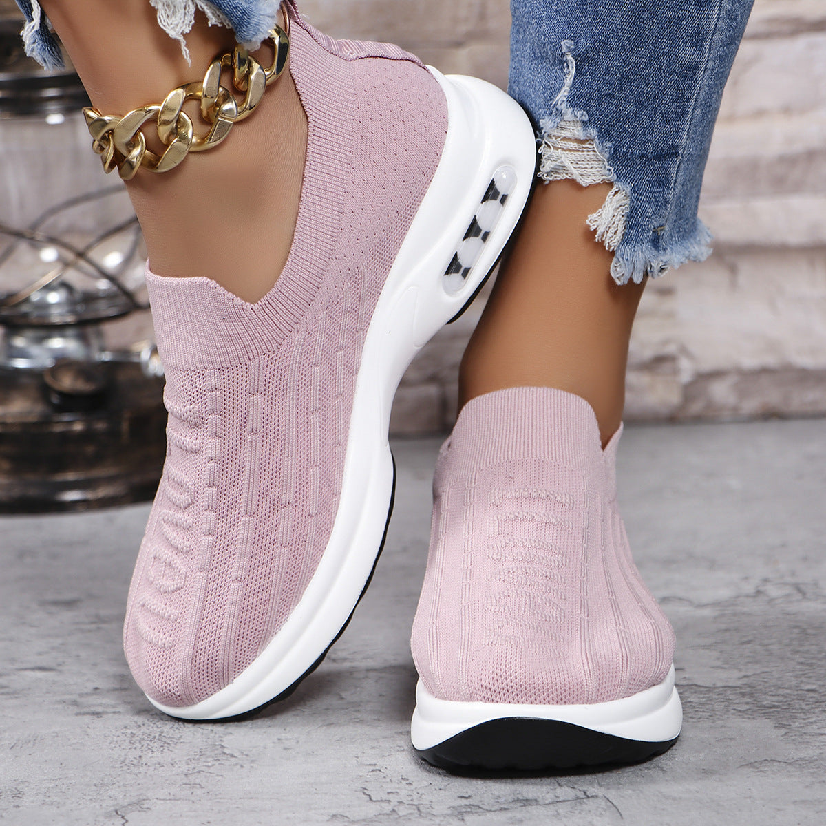 Round Toe Knit Detail Slip On. Dust Pink.