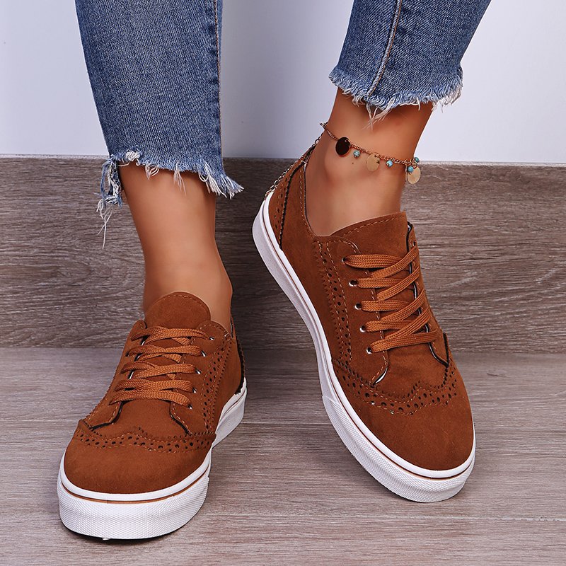 Lace-Up Suedette Flat Sneakers. Brown.