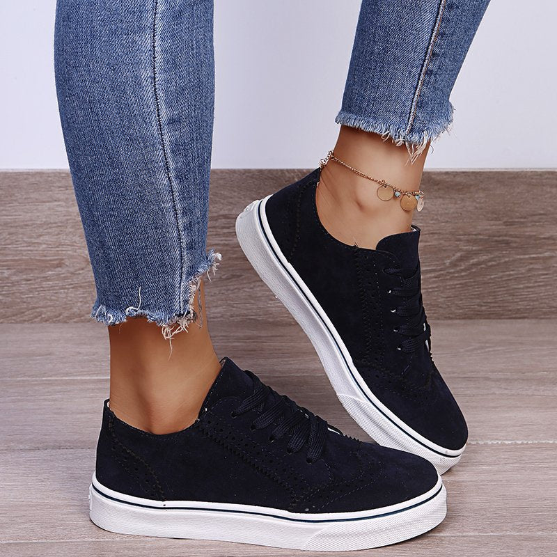 Lace-Up Suedette Flat Sneakers. Black.