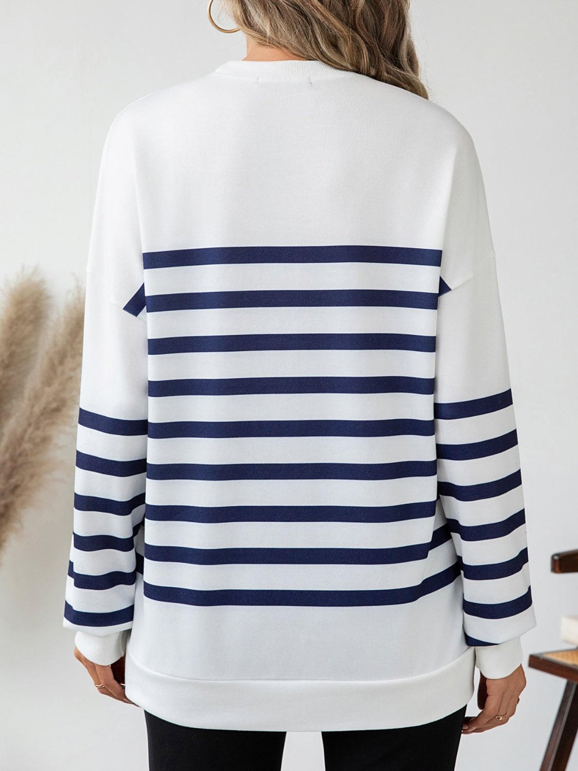 Striped Round Neck Long Sleeve Shirt. White.