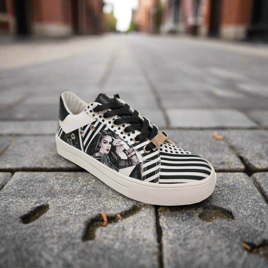 Printed Vegan Leather Lace Up Sneaker.  Black.