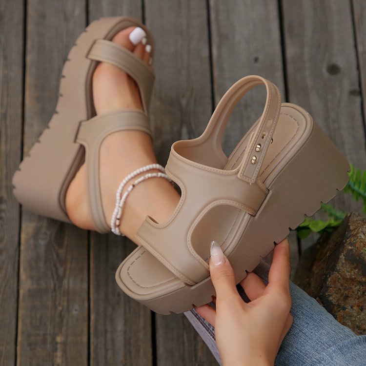 Open Toe Wedge Sandals. Khaki.