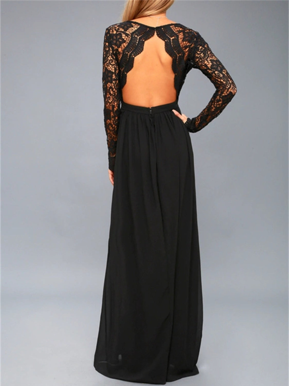 Lace Backless Maxi Dress. Black.