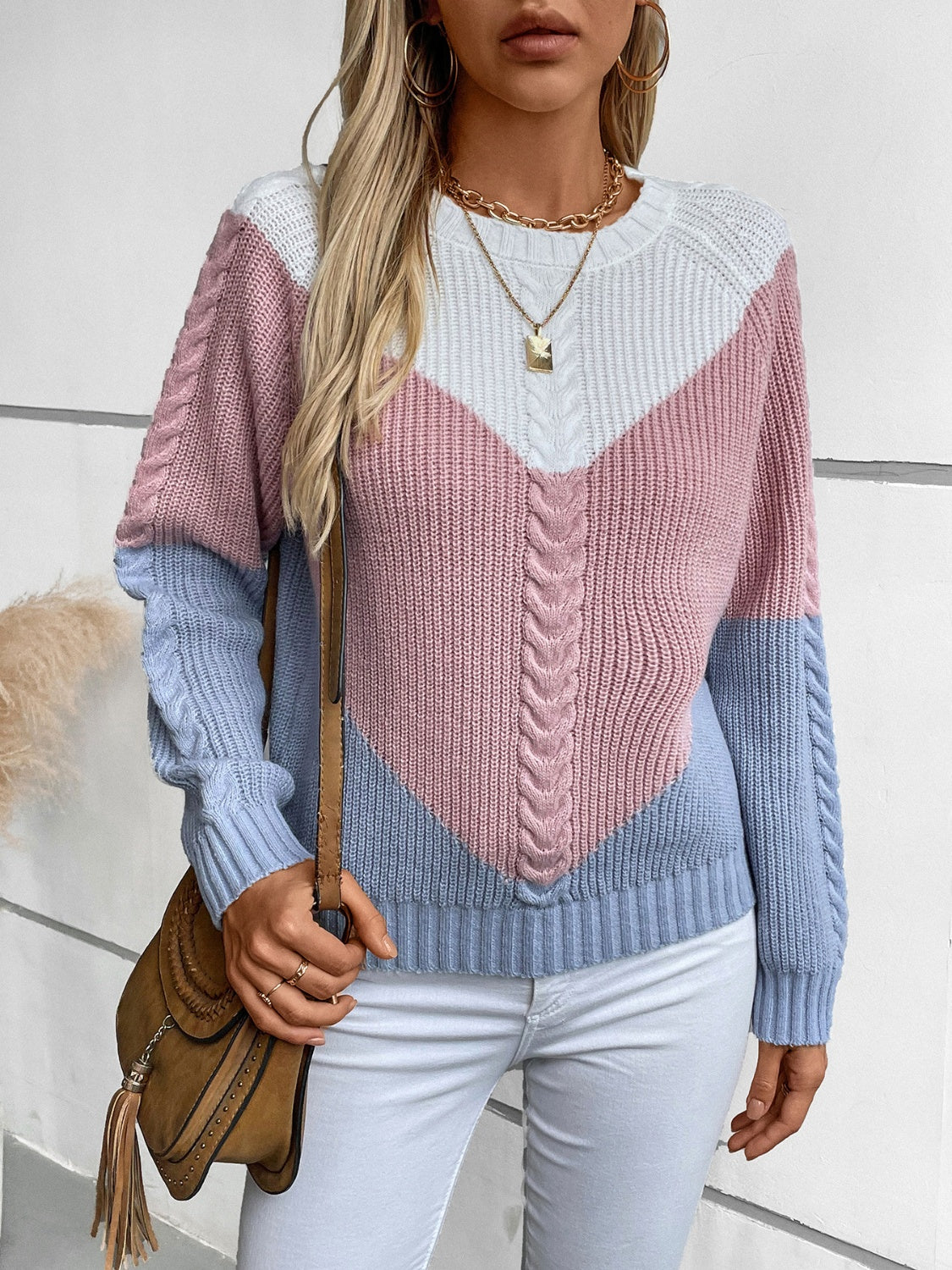 Modern Color Block Long Sleeve Sweater. Blush Pink.