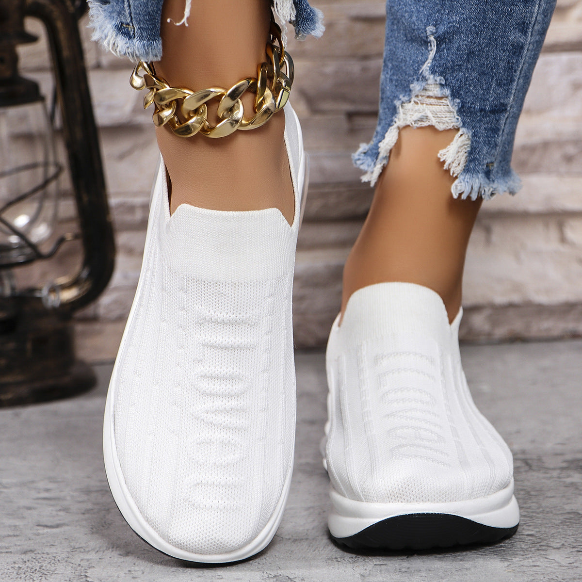 Round Toe Knit Detail Slip On. White.