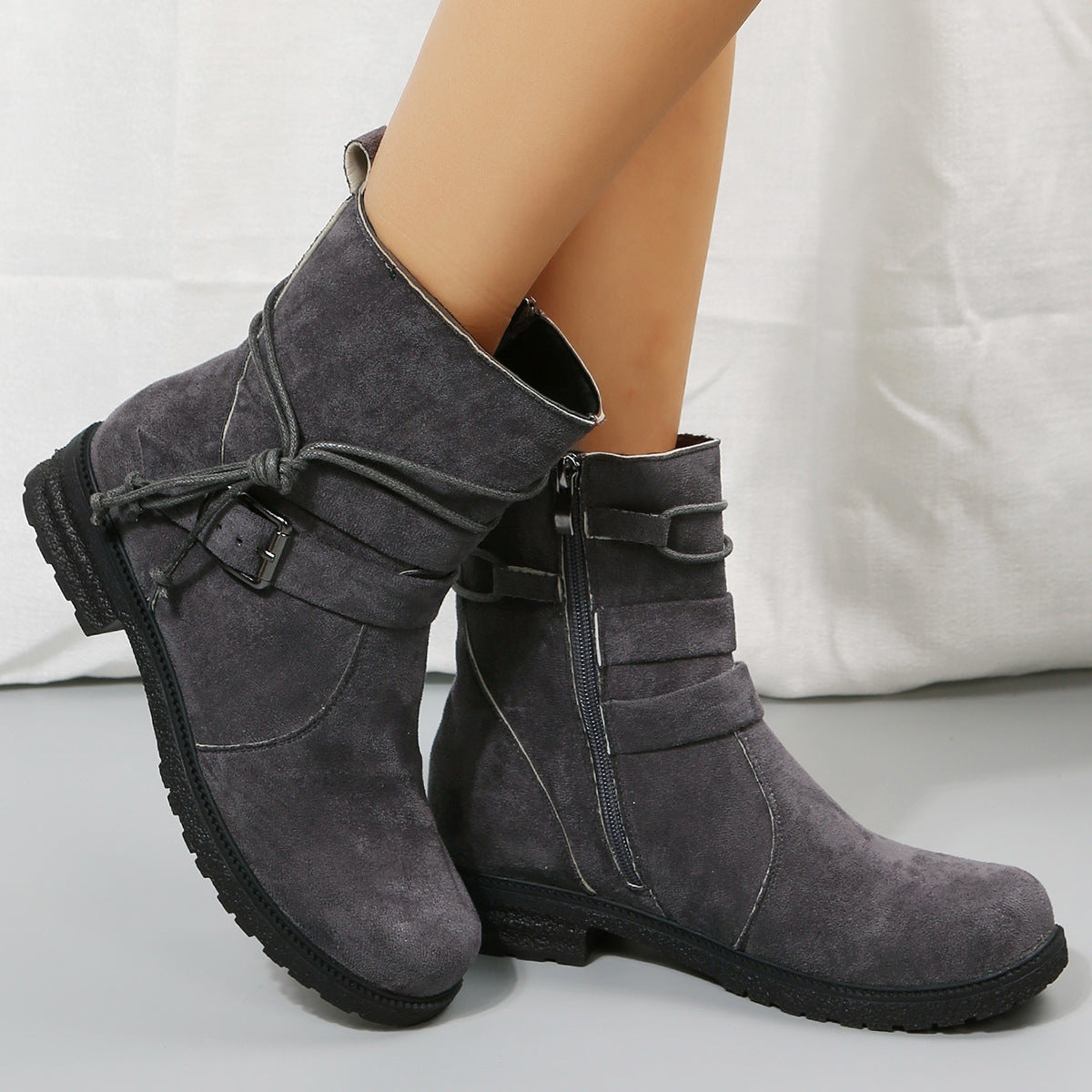 Suede Round Toe Boots. Dark Grey.