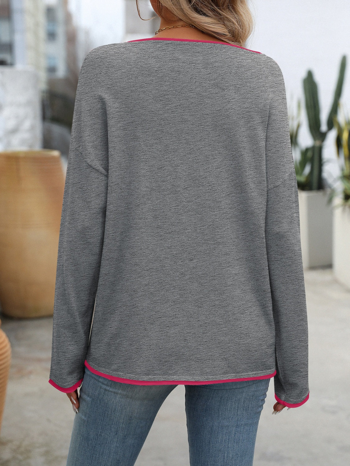 Round Neck Long Sleeve Sweater.  Gray. Gray.