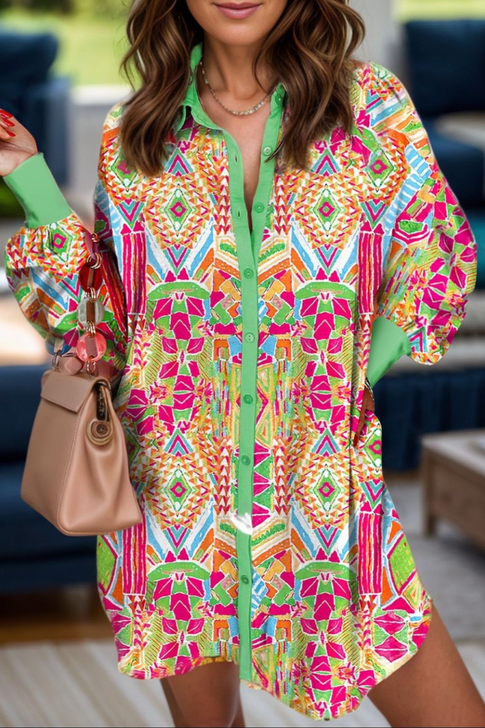 Printed Button Up Long Sleeve Shirt Dress. Neon Green.