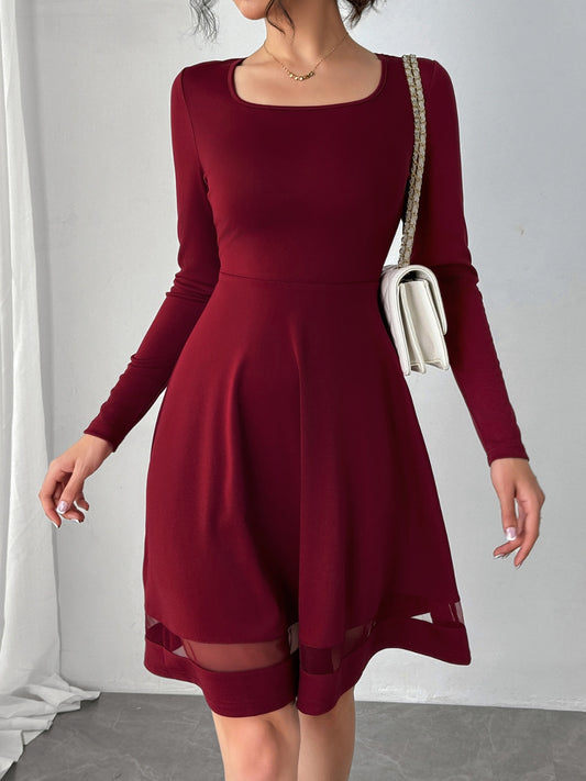 Square Neck Long Sleeve Mini Dress. Burgundy.