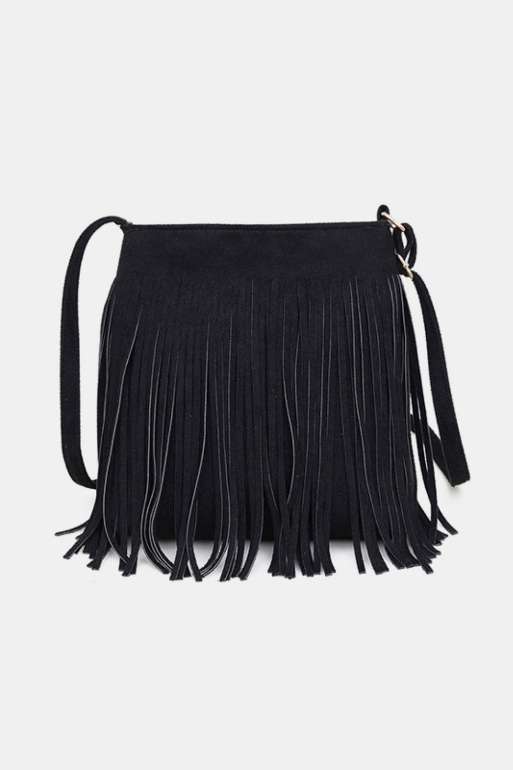 Suede Fringe Shoulder Bag. Black.