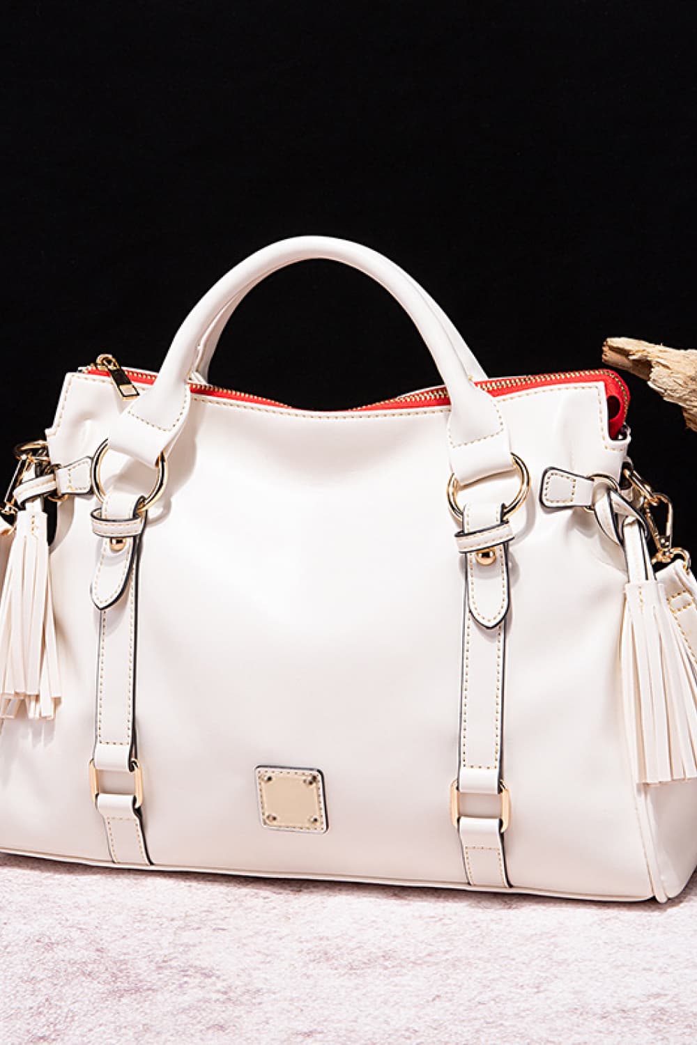 PU Leather Handbag with Tassels. Ivory.