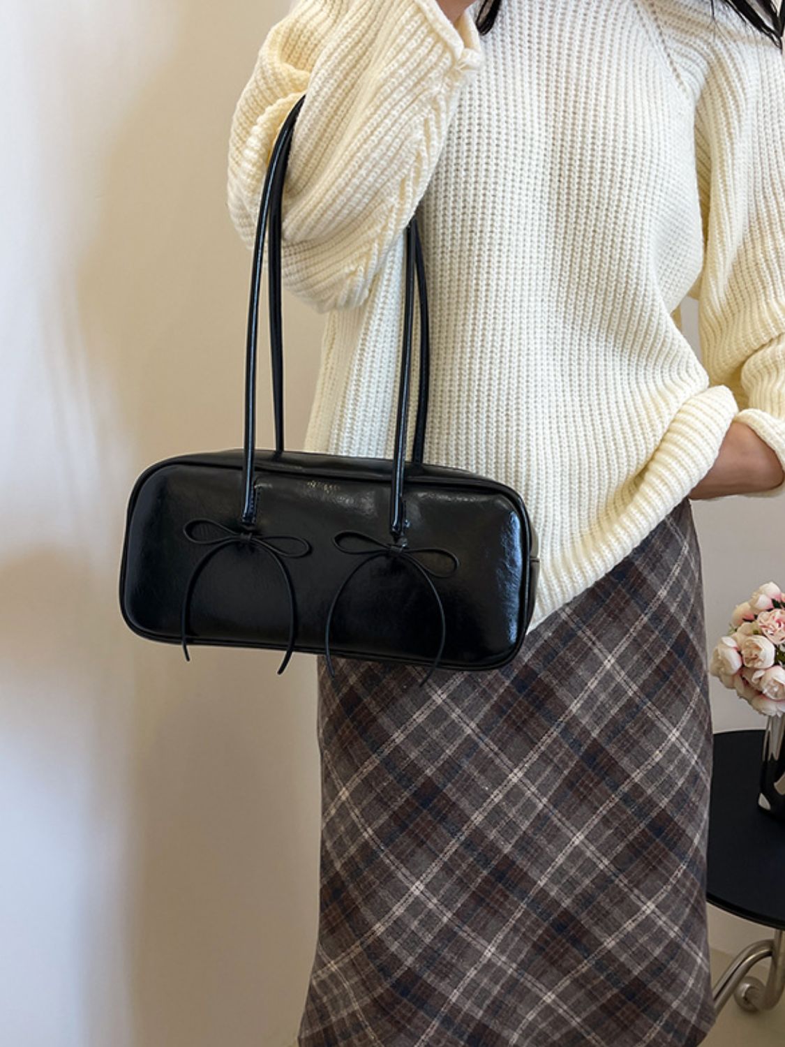 Leather Bow Trim Shoulder Bag. Black.